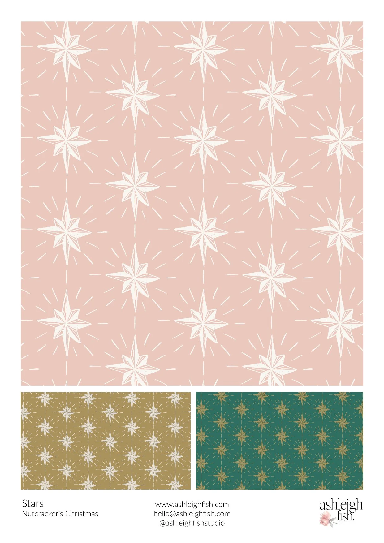 Pattern design featuring star motifs in pink, olive, and teal backgrounds by Ashleigh Fish titled "Stars Nutcracker's Christmas." Contact info included.