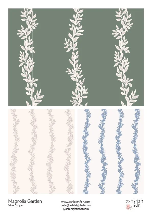 Three wallpaper designs featuring vine stripe patterns in different colors: green with cream vines, cream with light pink vines, and white with blue vines. The collection is called "Magnolia Garden: Vine Stripe" and designed by Ashleigh Fish Studio.