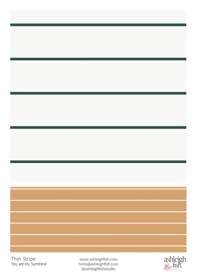Design sample with thin horizontal green and brown stripes, labeled as "Thin Stripe," featuring branding and contact information for ashleighfish.com.