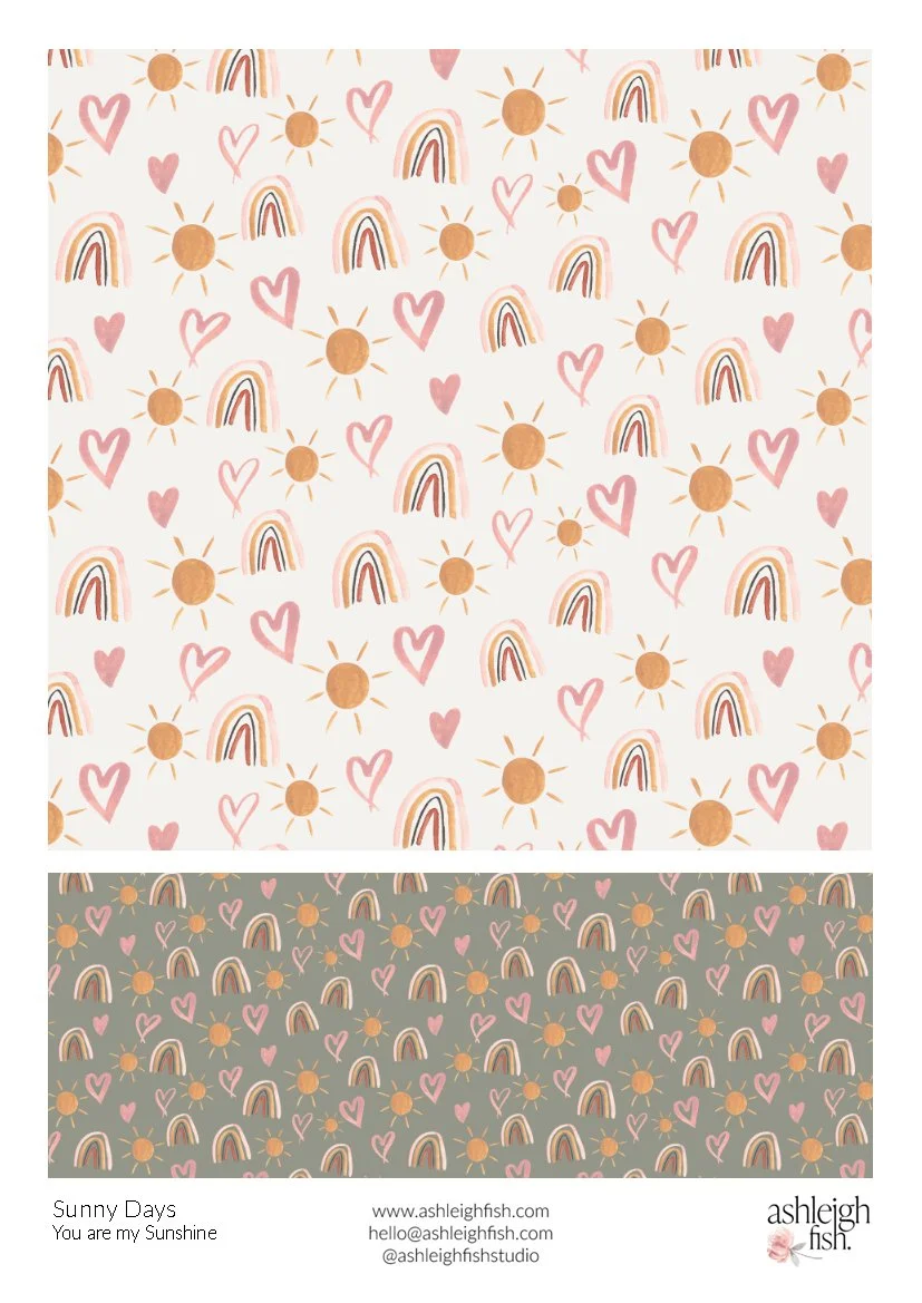 Pattern featuring sun, rainbow, and heart motifs in pastel colors.