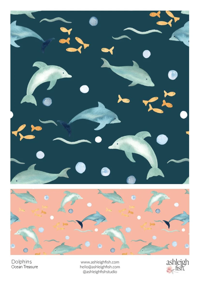 Illustrated pattern of dolphins, fish, and bubbles on dark and pink backgrounds.