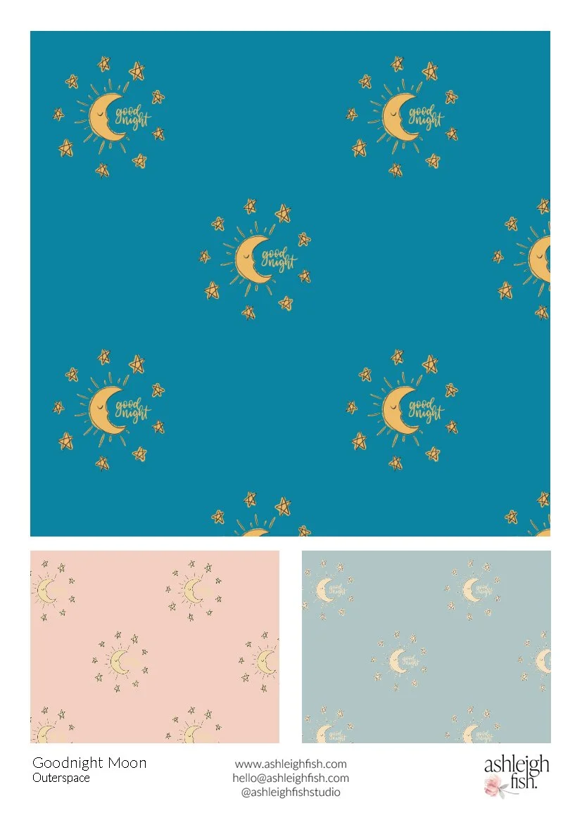 Pattern designs featuring a crescent moon with the words "good night" surrounded by stars on blue, pink, and light blue backgrounds.