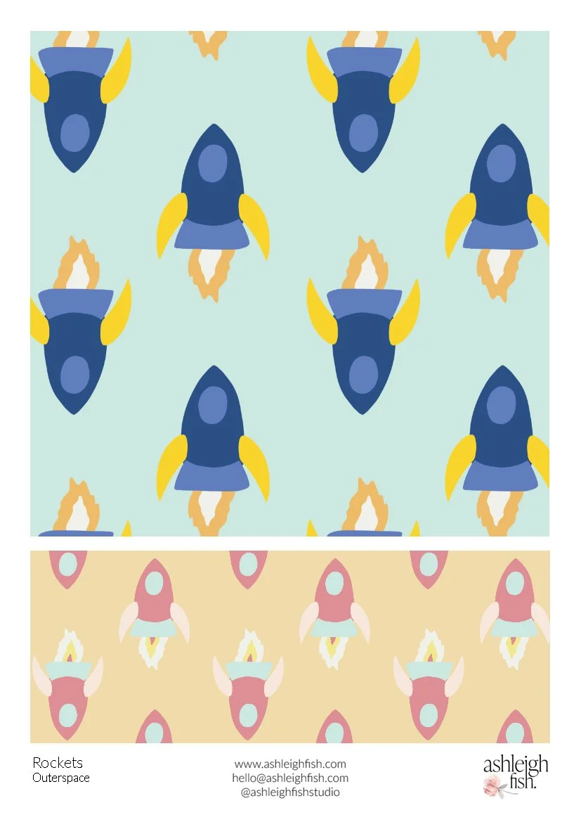 Pattern featuring stylized rockets in blue and yellow on a light blue background, and red and white rockets on a beige background. Design by Ashleigh Fish.