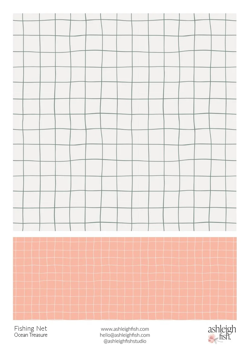 Pattern design with grid lines resembling fishing nets, featuring one section with dark lines on a light background and another with light lines on a peach background. Ashleigh Fish branding and contact information included.