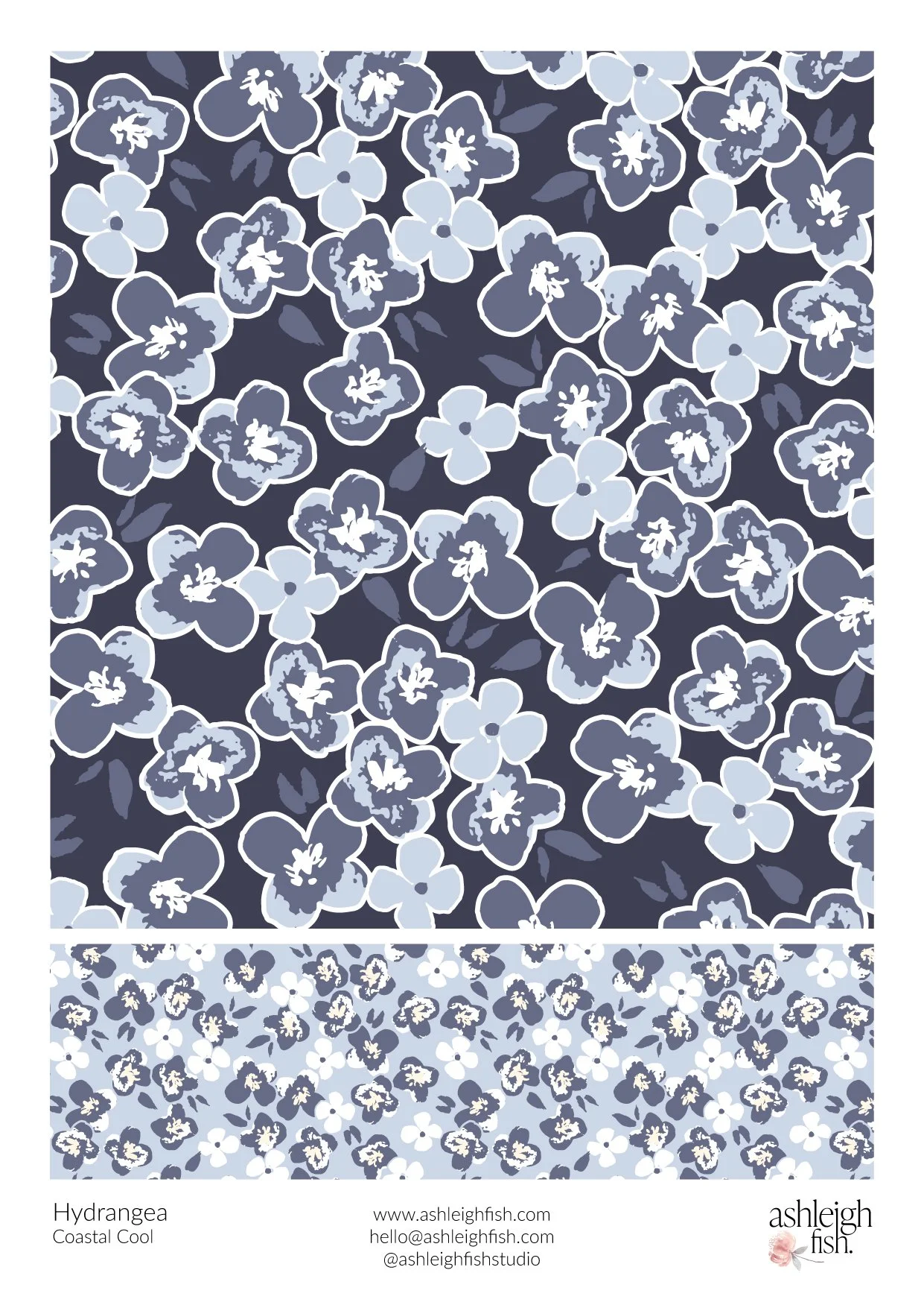 Floral pattern featuring hydrangea in shades of blue and white.