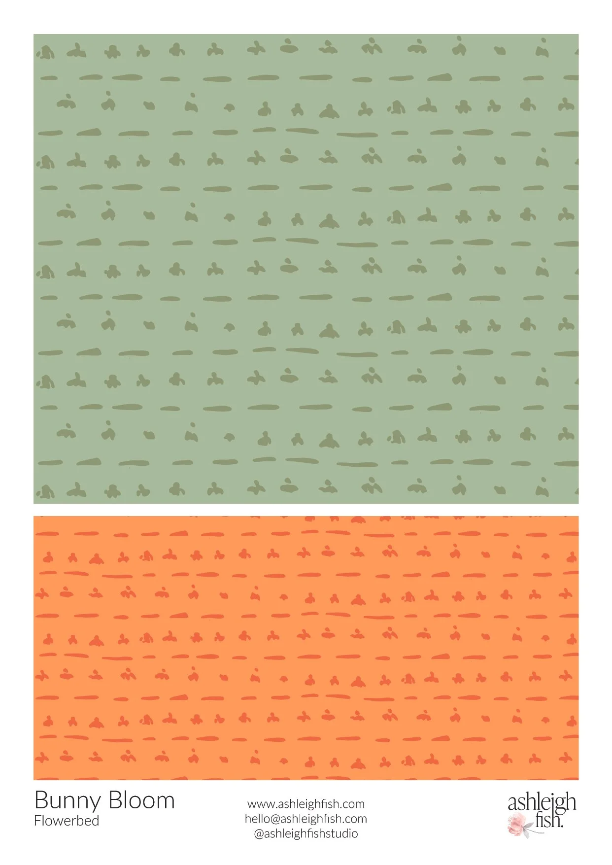 Pattern designs titled "Bunny Bloom Flowerbed" by Ashleigh Fish, featuring abstract shapes on green and orange backgrounds.