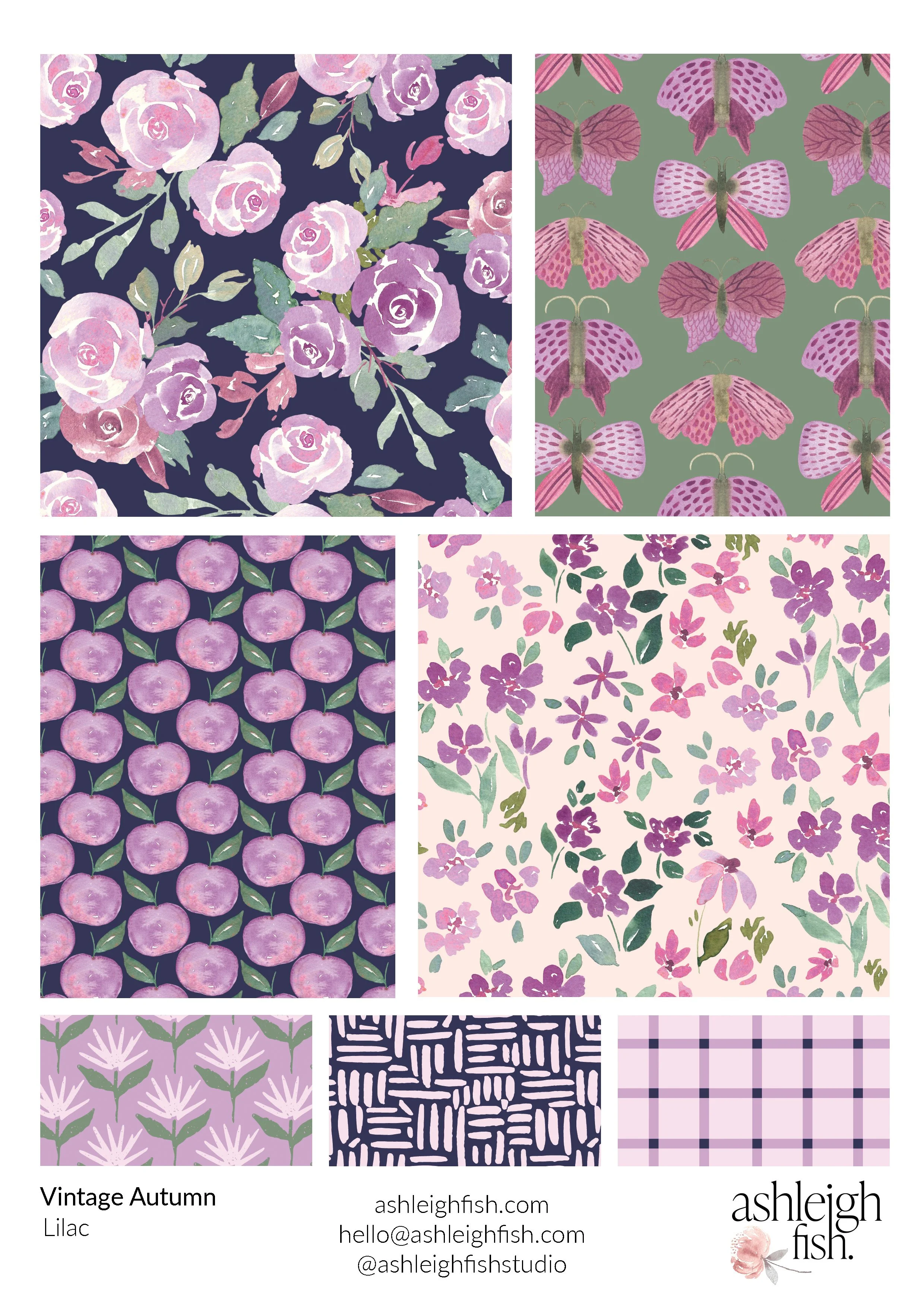 Collage of floral and geometric patterns in purple, pink, and green hues by Ashleigh Fish, featuring roses, butterflies, fruits, and abstract designs.