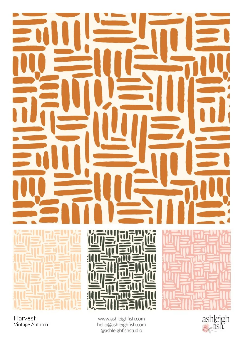 Geometric pattern with brushstroke lines in orange and cream, with variations in beige, dark green, and pink.