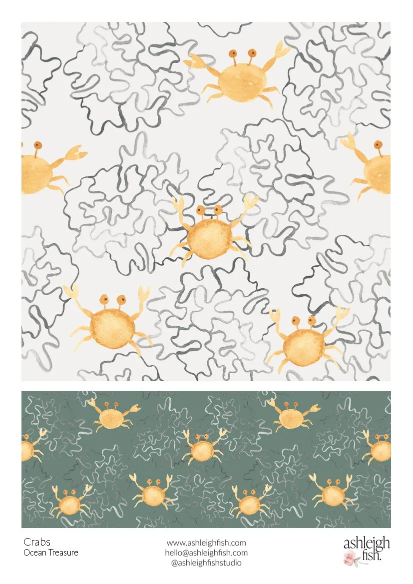 Illustrated pattern featuring yellow crabs and abstract coral designs on white and green backgrounds.