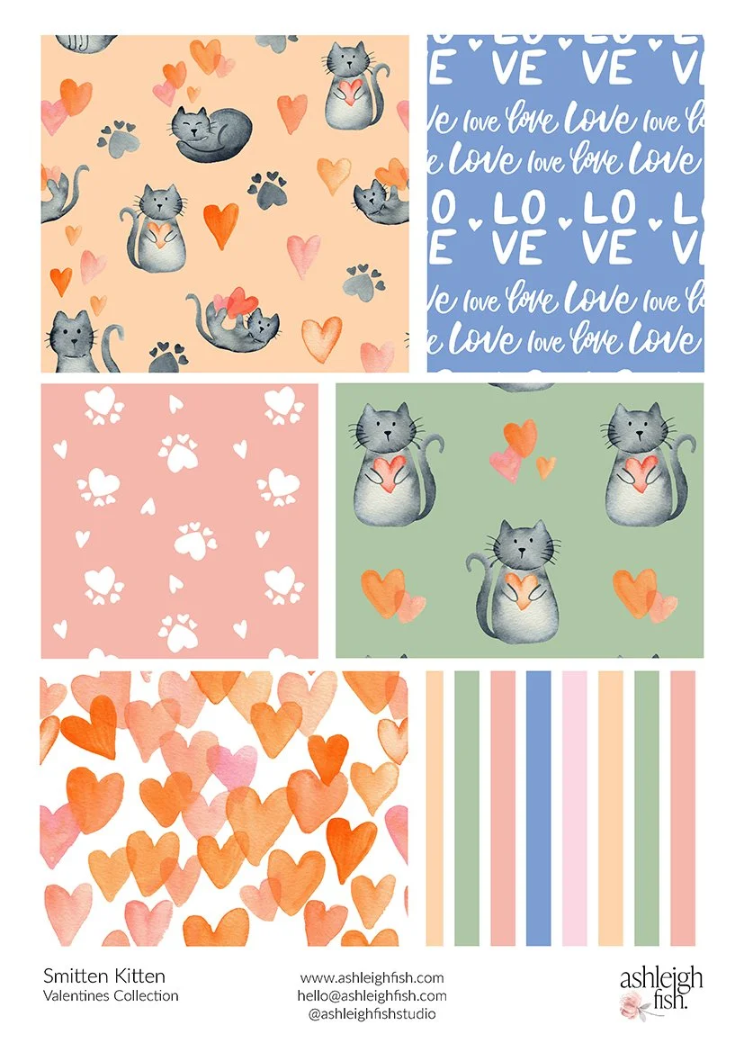 Valentine's themed patterns with cats, hearts, paw prints, and love text in various colors, including orange, pink, blue, and green.