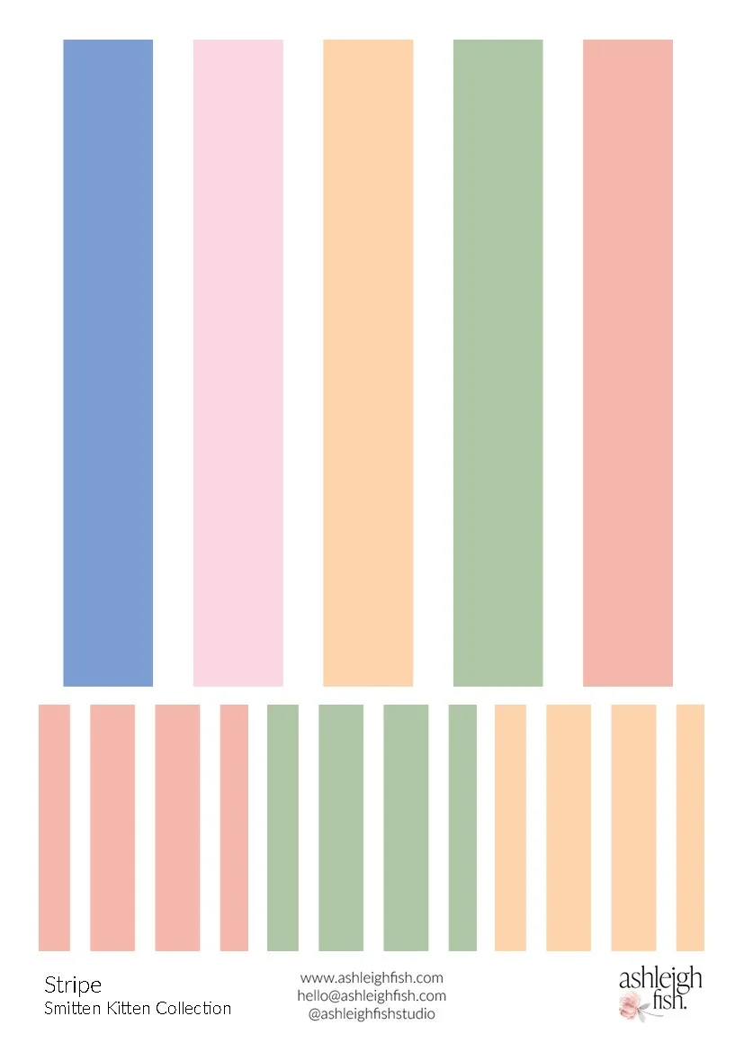 Vertical pastel-colored stripes in pink, blue, orange, green, and peach, titled "Stripe Smitten Kitten Collection" by Ashleigh Fish, with contact information at the bottom.