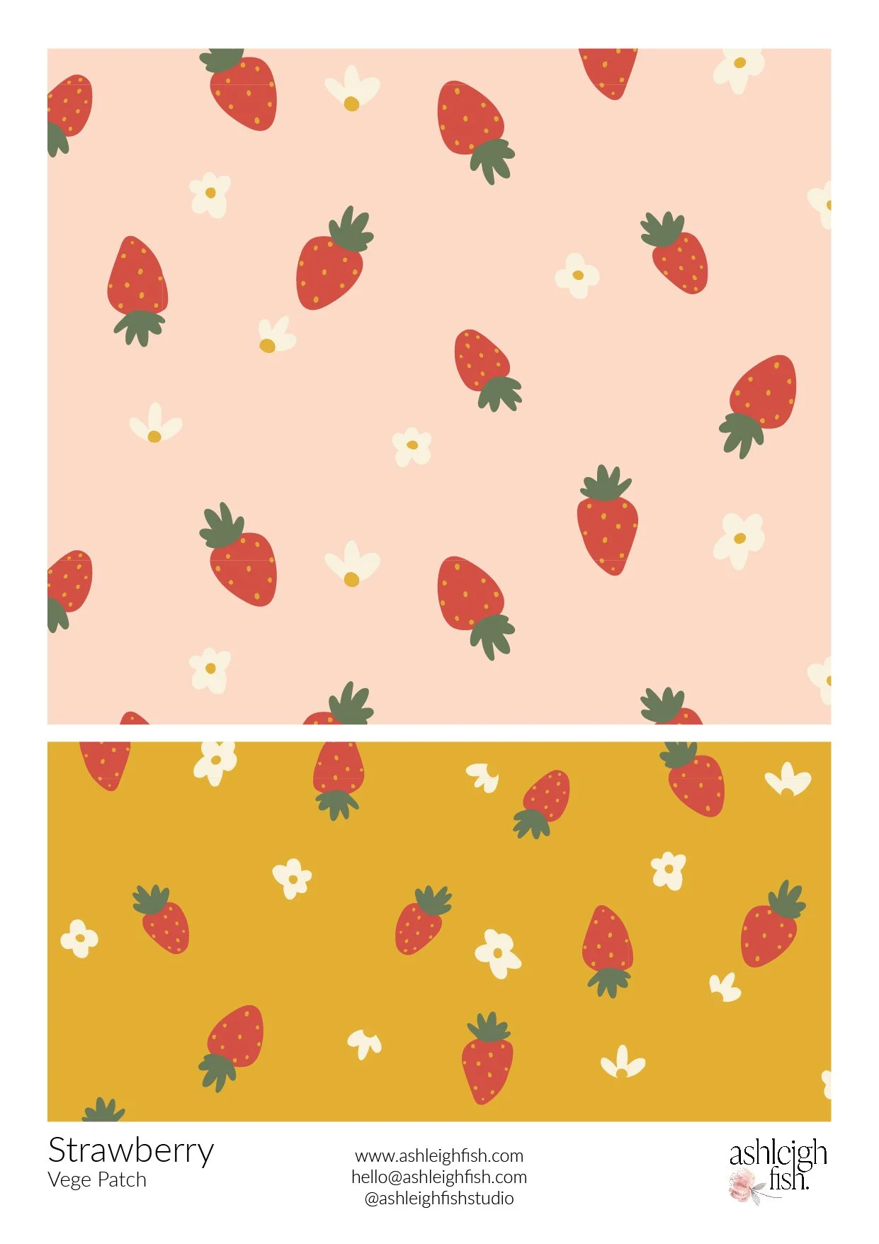 Pattern featuring red strawberries and white flowers on pink and yellow backgrounds.