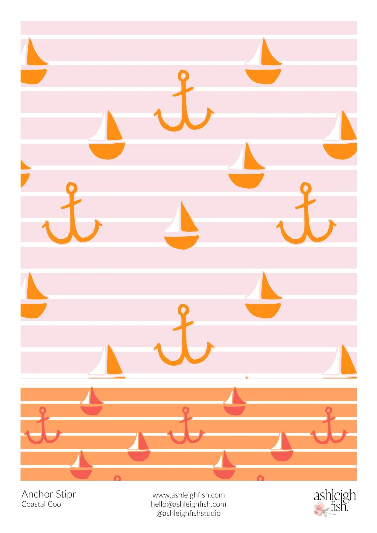 Pink and orange nautical pattern with anchors and sailboats on horizontal stripes.