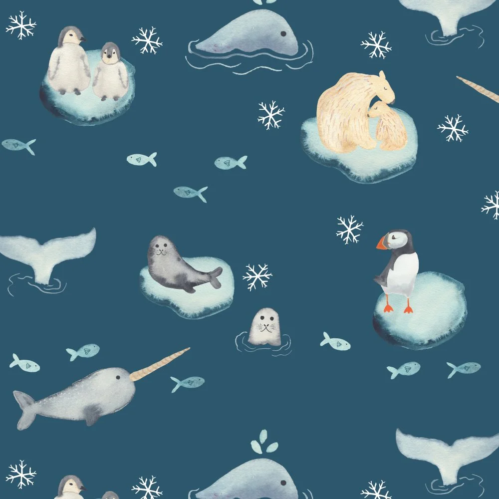 Pattern featuring Arctic animals like penguins, narwhals, seals, and polar bears on a dark blue background with snowflakes and fish.