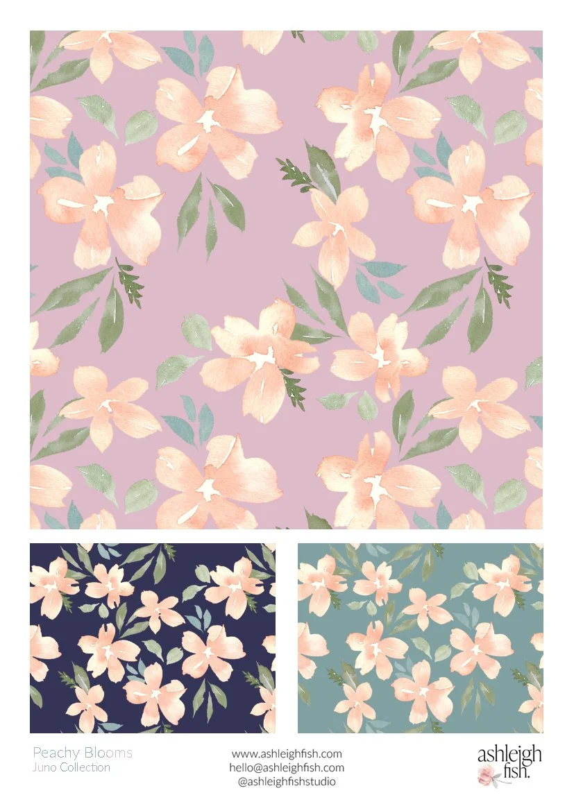 Floral patterns with peach flowers and green leaves on different colored backgrounds.