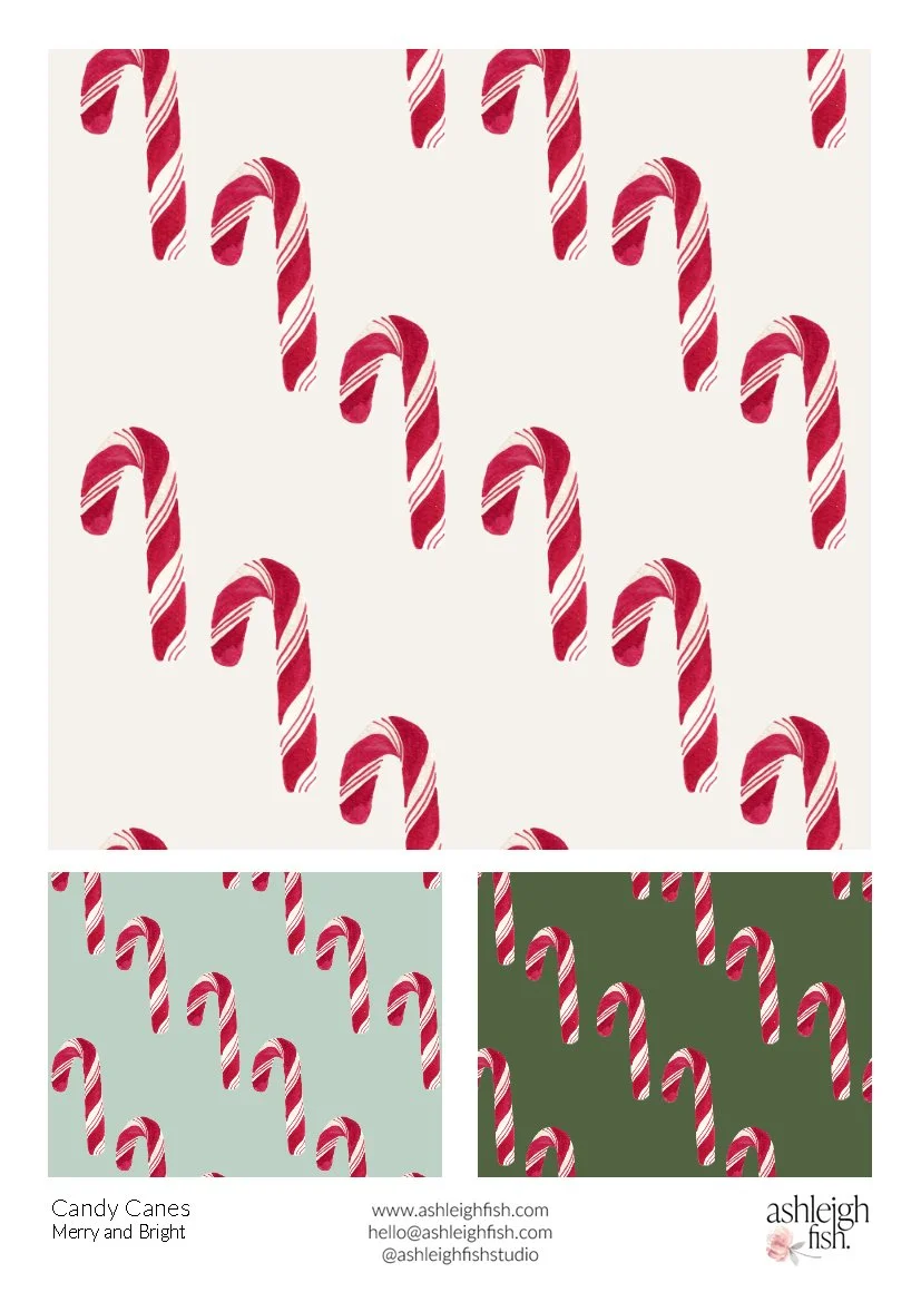 Patterned design featuring red and white candy canes on light, green, and dark green backgrounds. Text: Candy Canes, Merry and Bright. URL: www.ashleighfish.com.