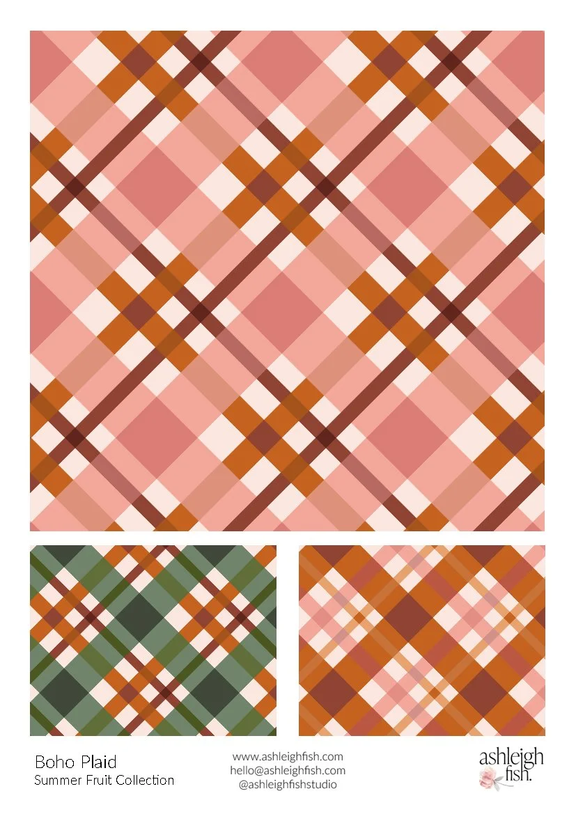 Boho plaid patterns in pink, orange, and green from the Summer Fruit Collection by Ashleigh Fish.