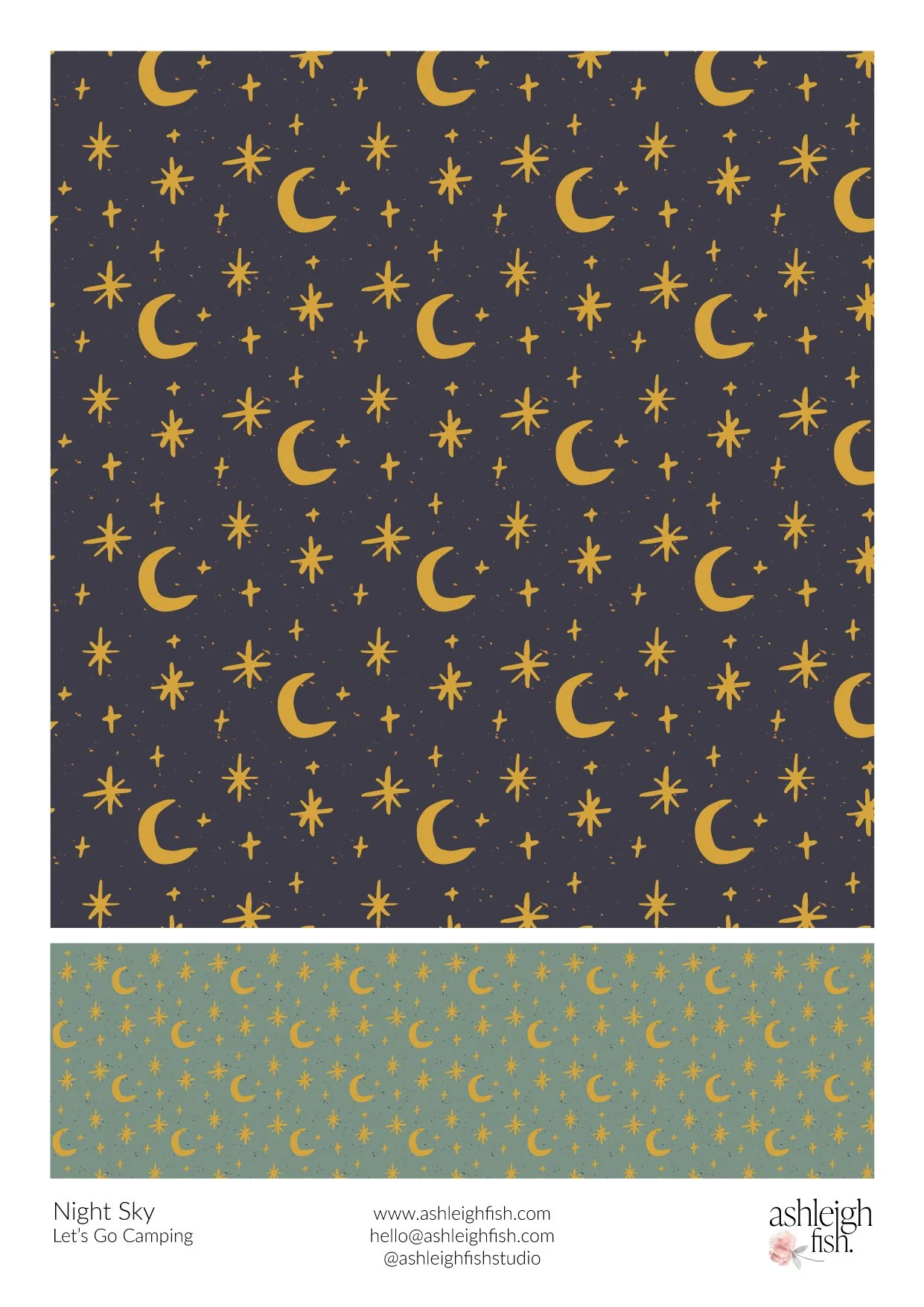 Pattern with yellow crescent moons and stars on dark and light backgrounds