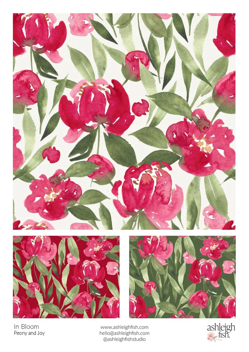 Watercolor pattern featuring red peonies with green leaves on a light background. Includes smaller sections showing variations of the pattern against red and green backgrounds. Text at the bottom reads 'In Bloom Peony and Joy' with contact and websit