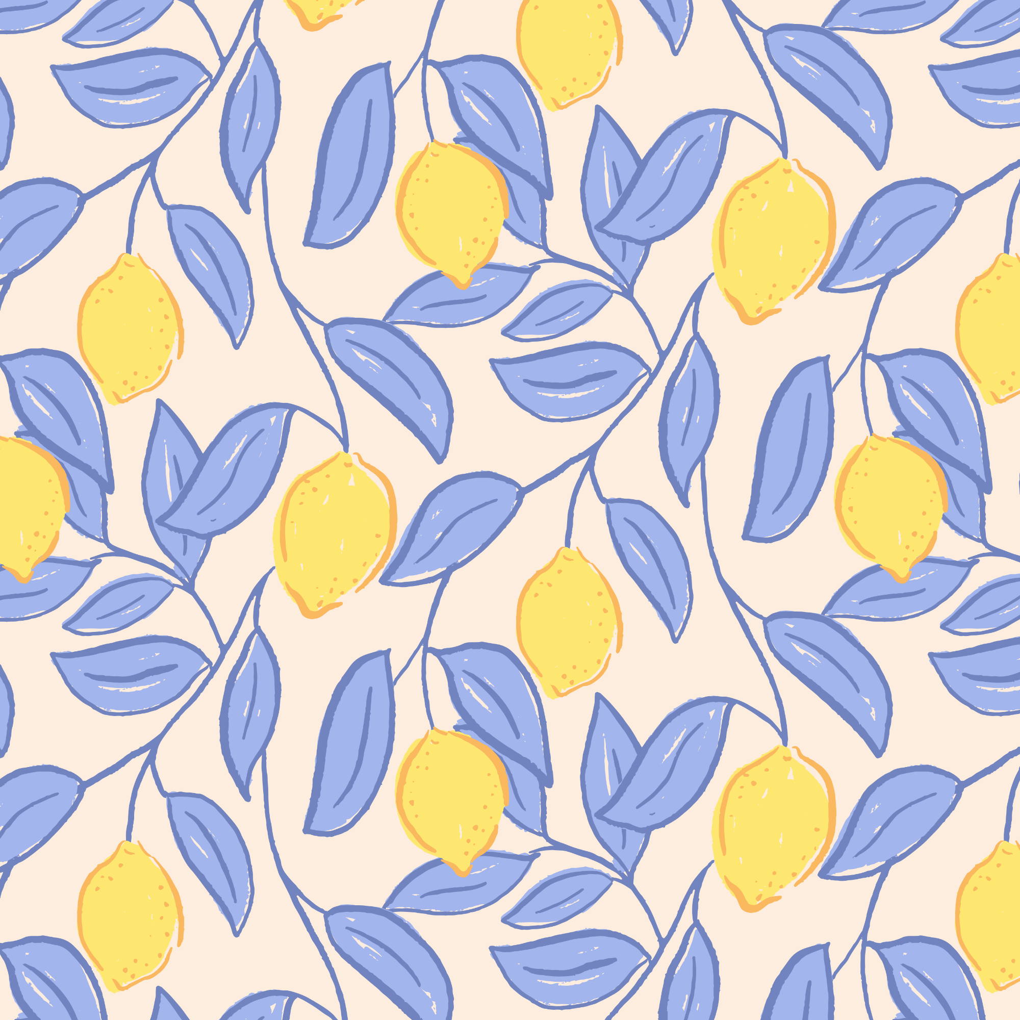 Pattern of yellow lemons and blue leaves on a light background.