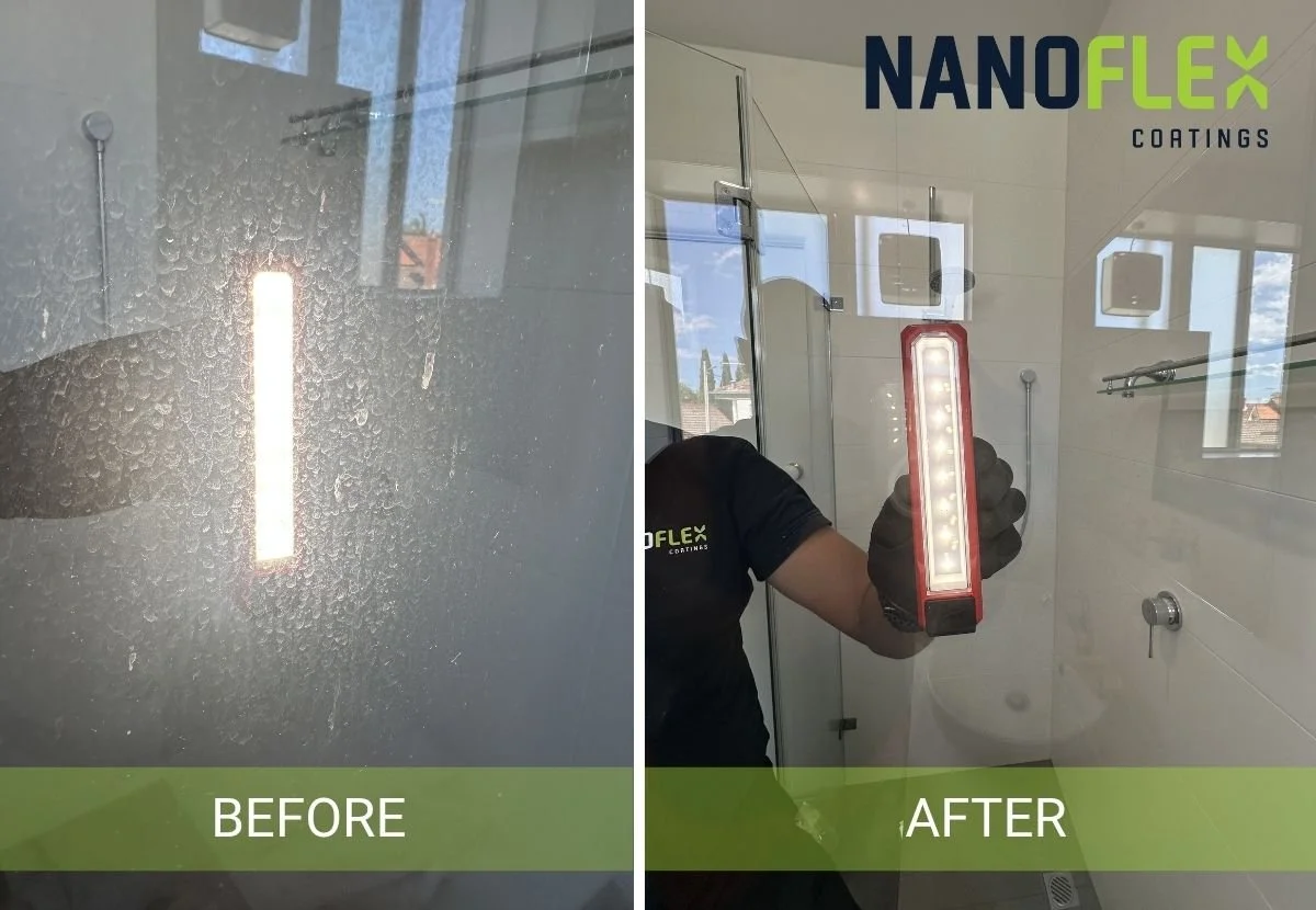 Before and after comparison of shower glass professionally treated by NanoFlex Coatings in Melbourne