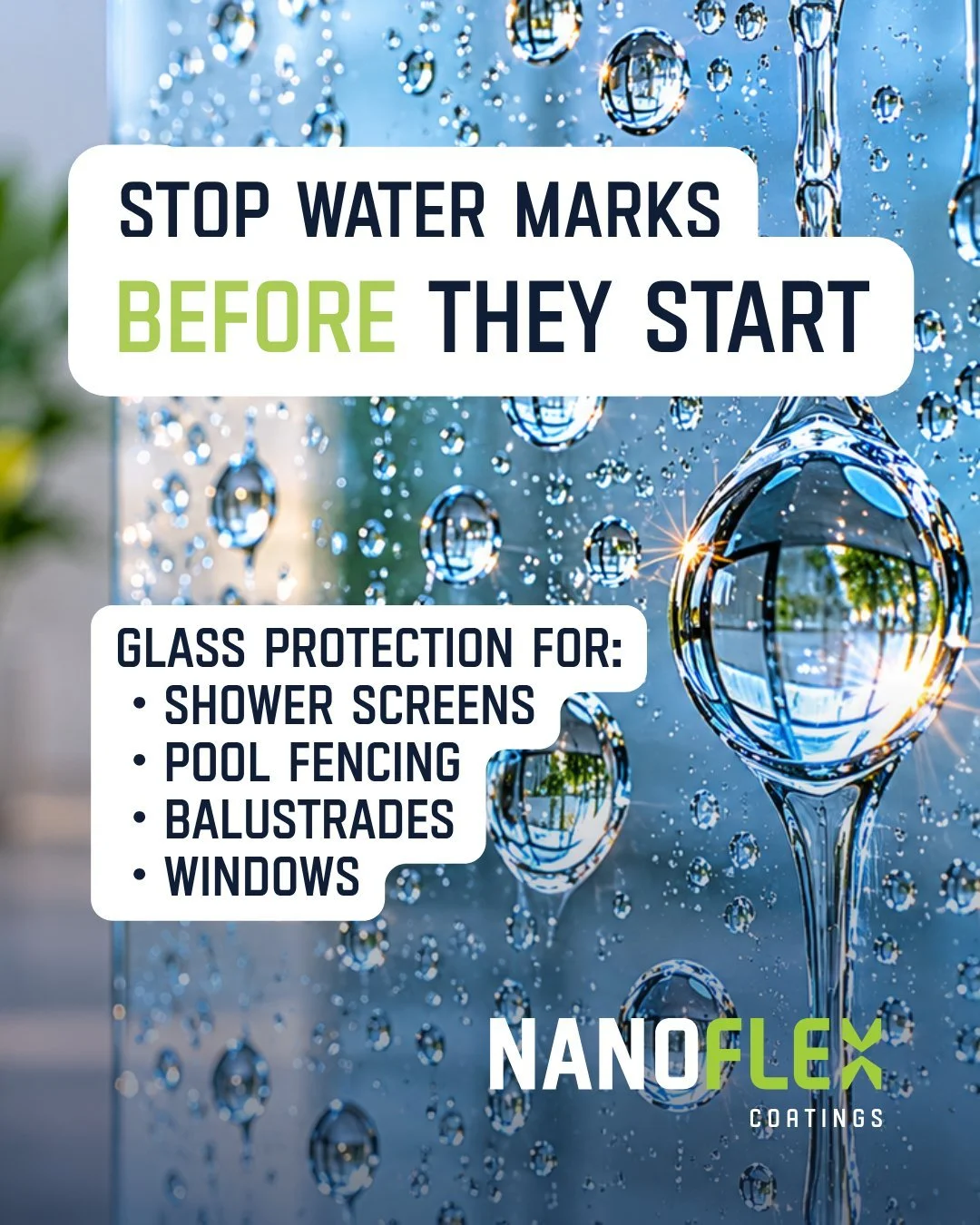 💧 Water doesn't need to sit on your glass.

When glass is properly protected, water beads and rolls away instead of leaving behind the minerals and contaminants that cause staining over time.

NanoFlex Coatings helps protect:
&bull; Shower screens
&