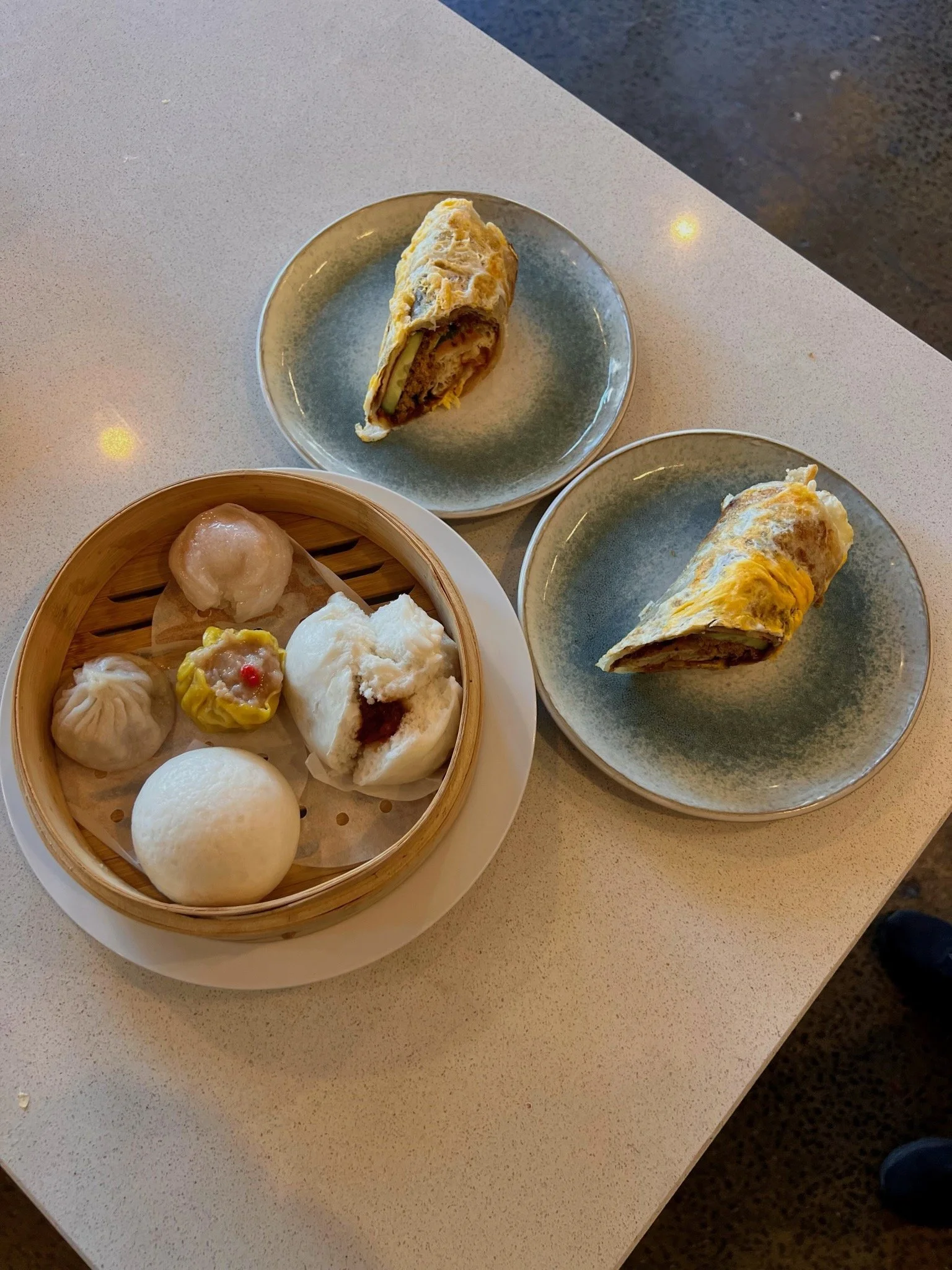 Yum Cha accompanied with Taiwanese Pancake with Egg, Pork Floss OR Tofu, Cucumber, Coriander & You Tiao (Chinese Savoury Doughnut)