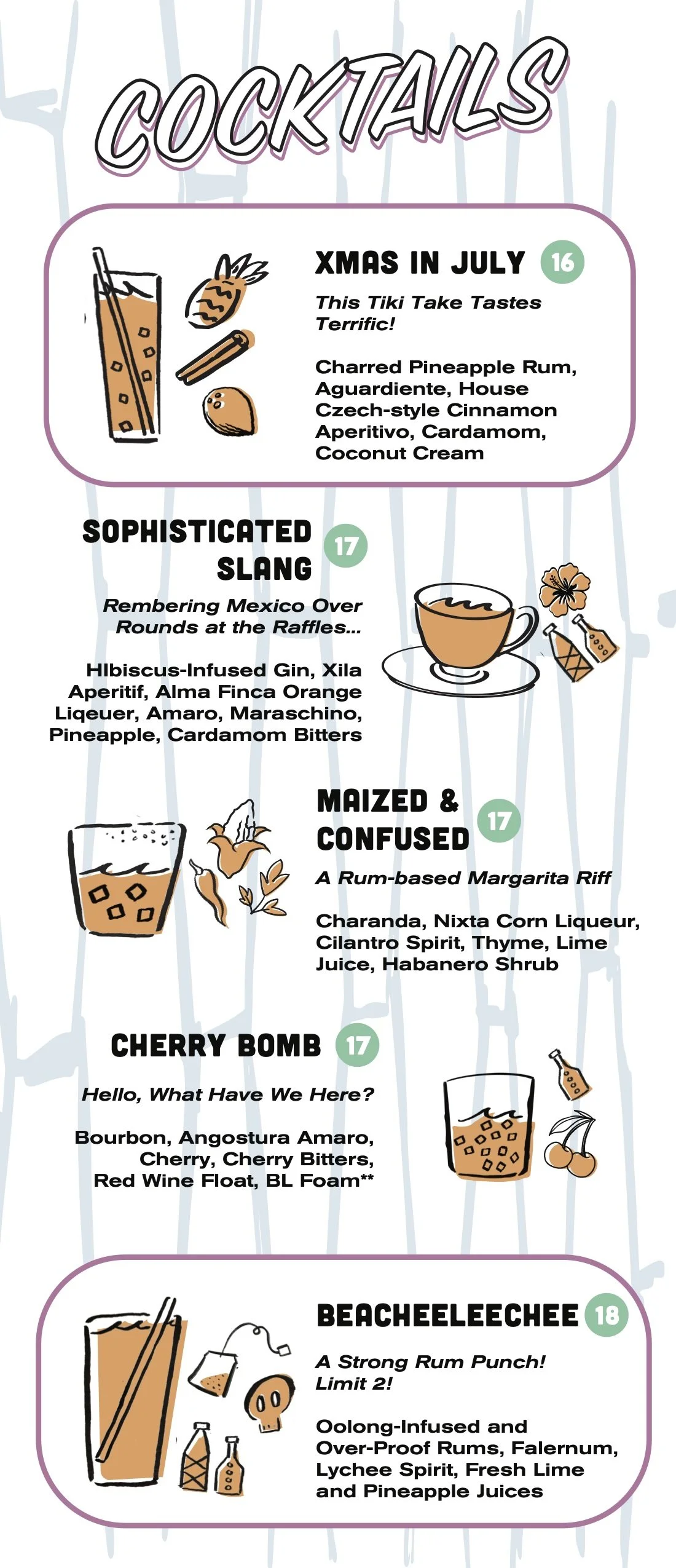 Menu featuring various cocktails with illustrations, including a pineapple rum drink, an hibiscus gin cocktail, a rum-based margarita riff, a cherry whiskey cocktail, and a rum punch with tropical ingredients.