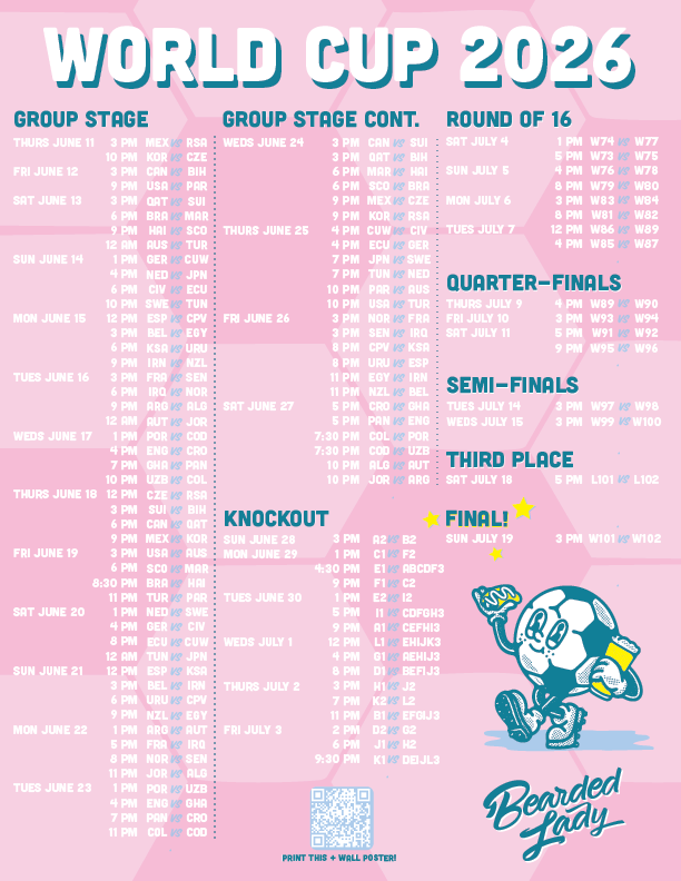 2026 FIFA World Cup Viewing Schedule pdf for Bearded Lady to Print at Home
