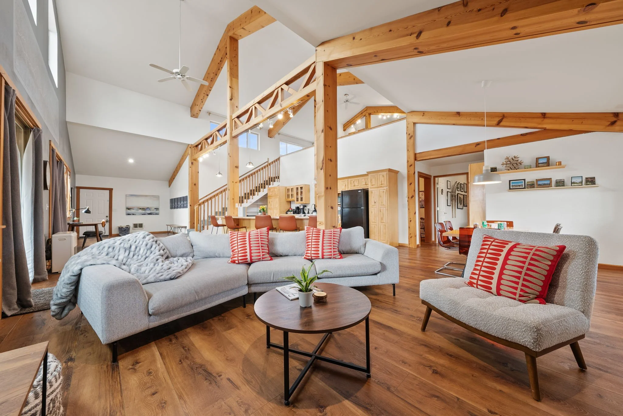 A photo of the great room from the living area to the kitchen 