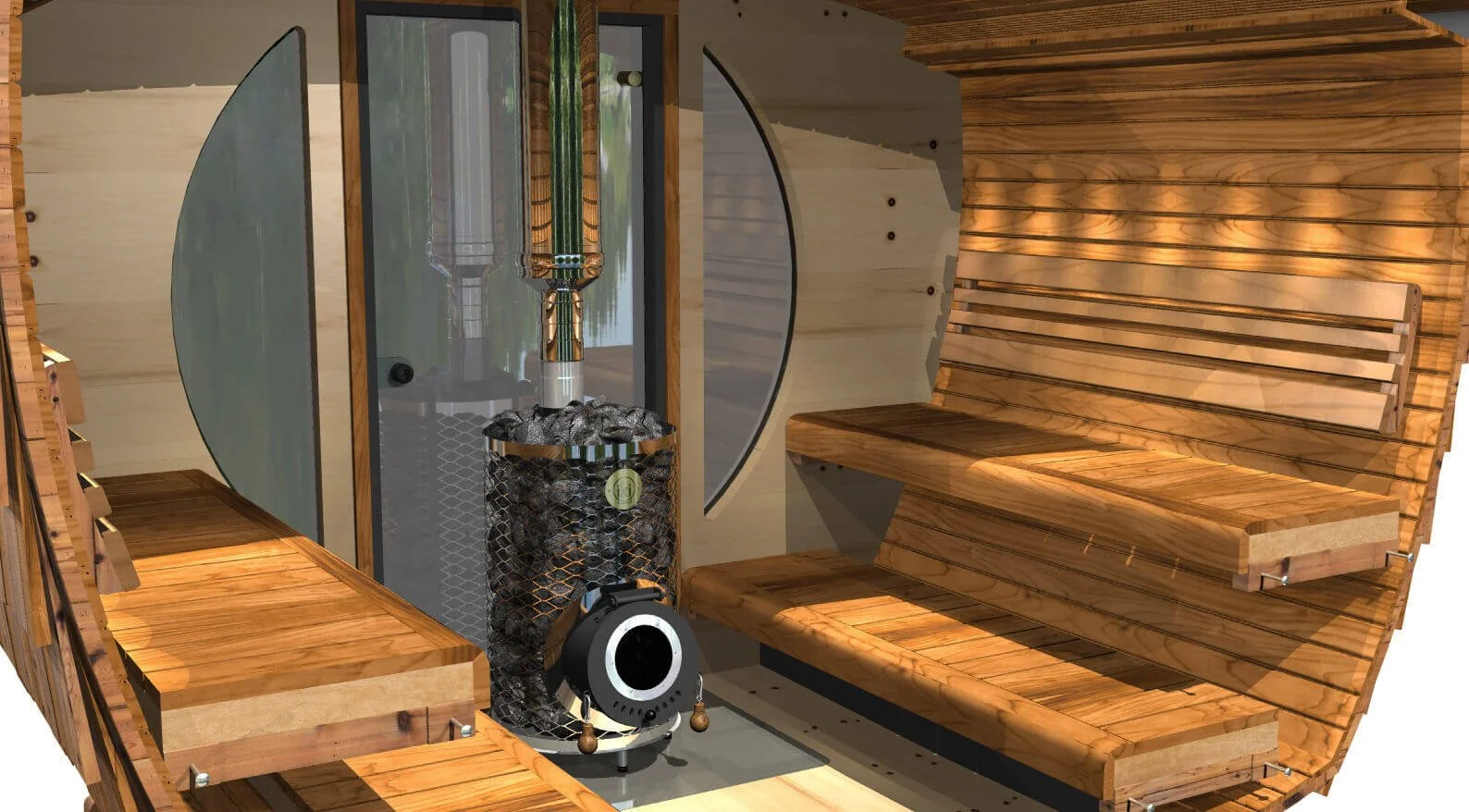 Interior of a small wooden sauna with curved benches, a heater with stones, and a glass door.