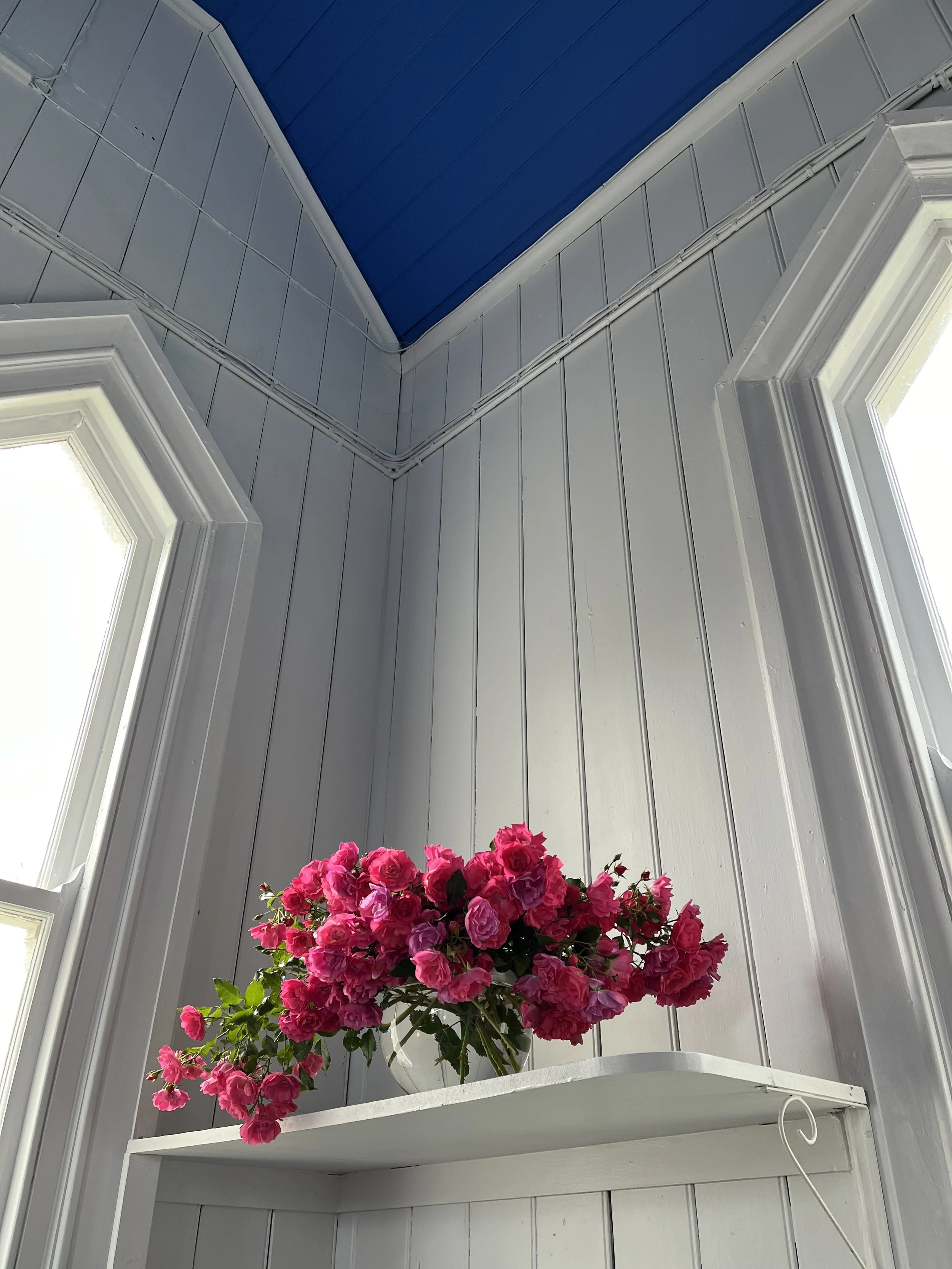 A window with white trim and gray wooden paneling on the walls. A pink flowering plant in a white pot is on a white shelf underneath the window, with a corner of a white basket visible at the bottom.