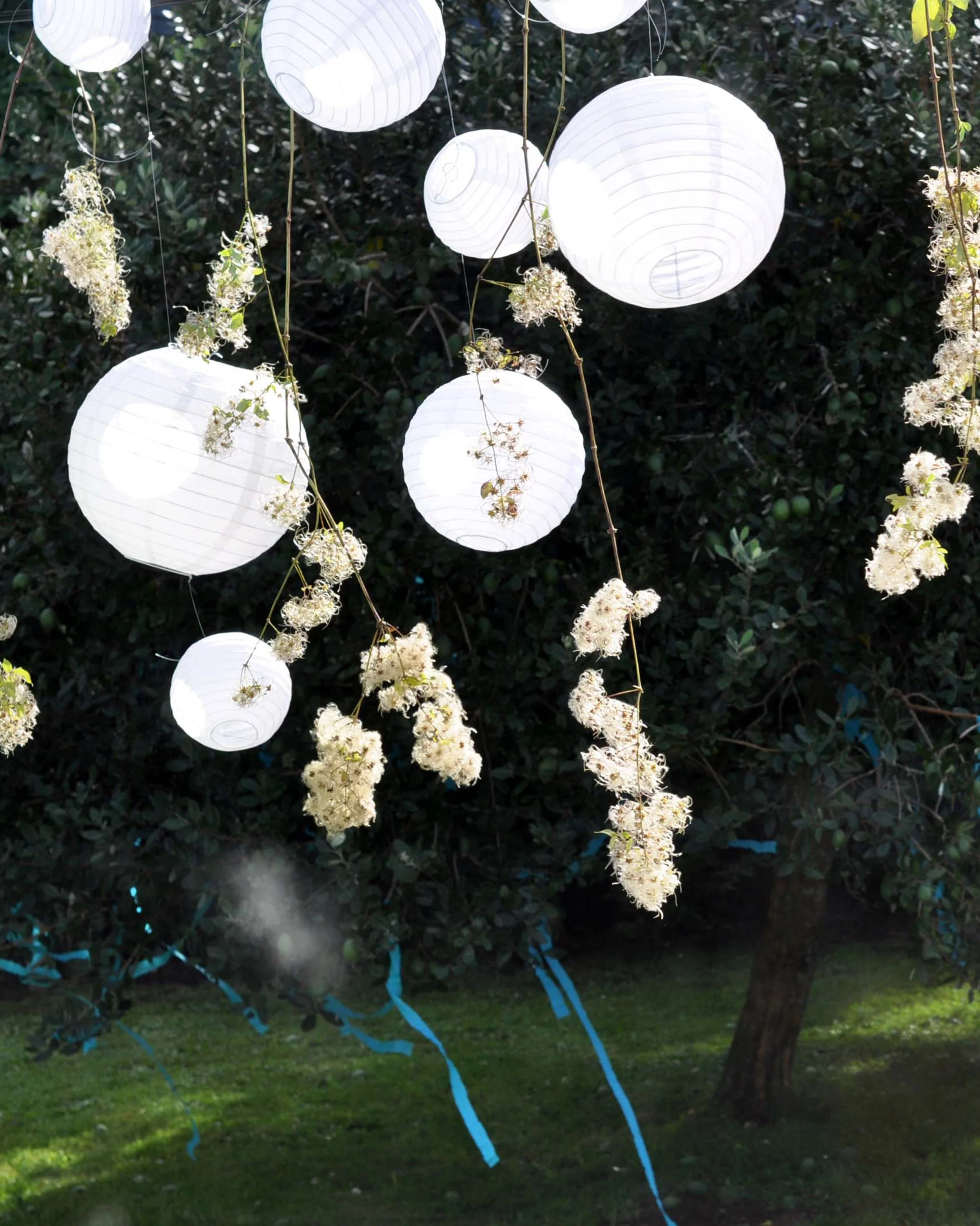 White paper lanterns hanging from strings in a garden with bushy trees in the background, some blue ribbons hanging down, with flowers or branches intertwined among the lanterns.