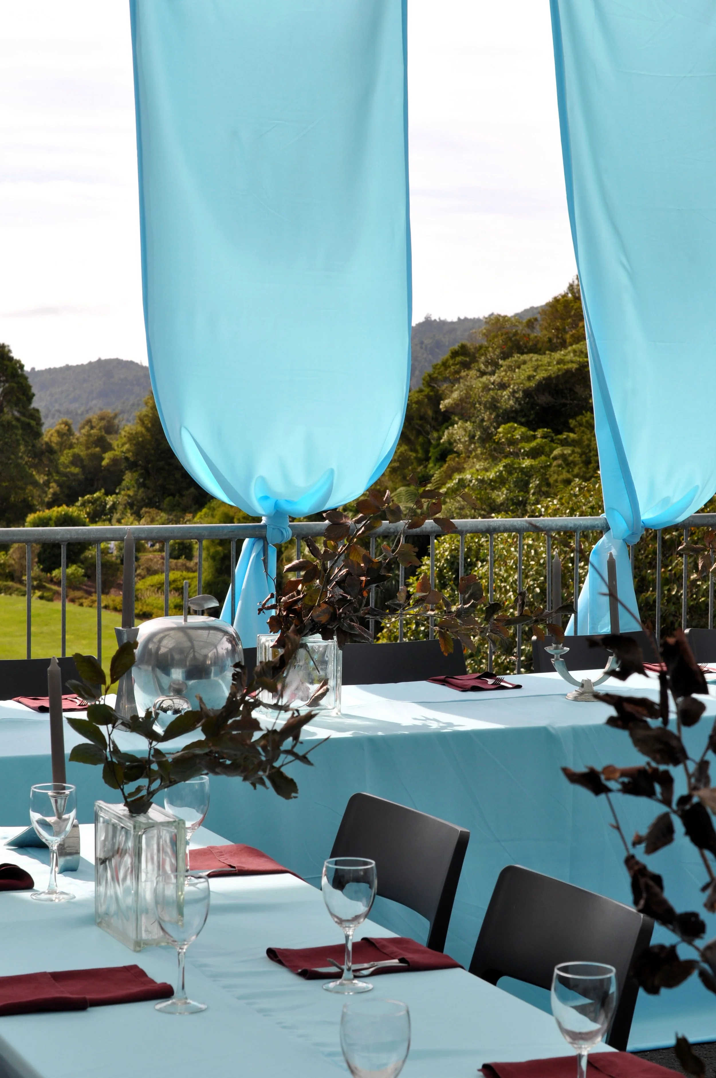 Outdoor banquet table setup with light blue tablecloths, red napkins, glassware, and black chairs. Blue fabric drapes hang from above, with a scenic mountain and trees background.