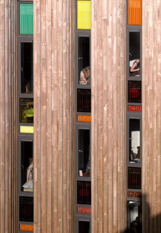 Emmanuel College Library, Cambridge designed by Kilburn Nightingale Architects. 76 panels in all, half opaque, half transparent screen printed enamels.