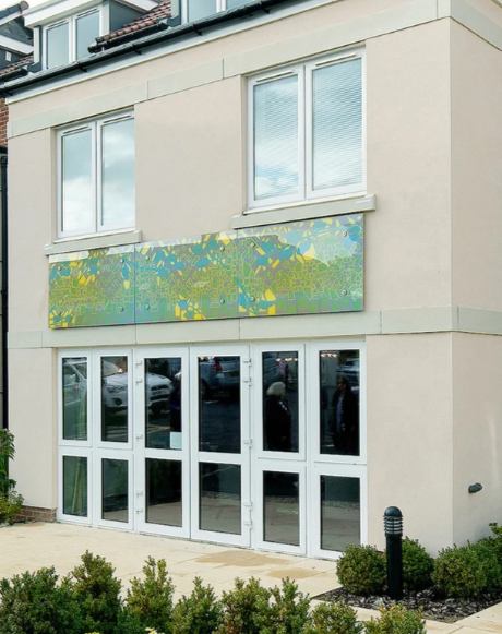 Screen printed glass panels at Alexandra Lodge designed by Sasha Ward