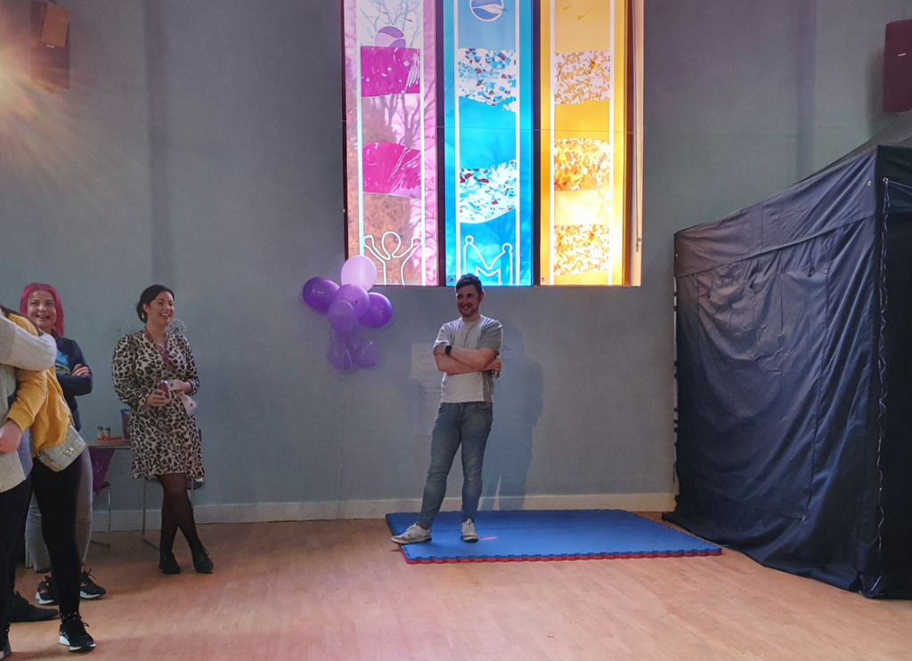 Three enamelled glass coloured panels at Macintyre School.