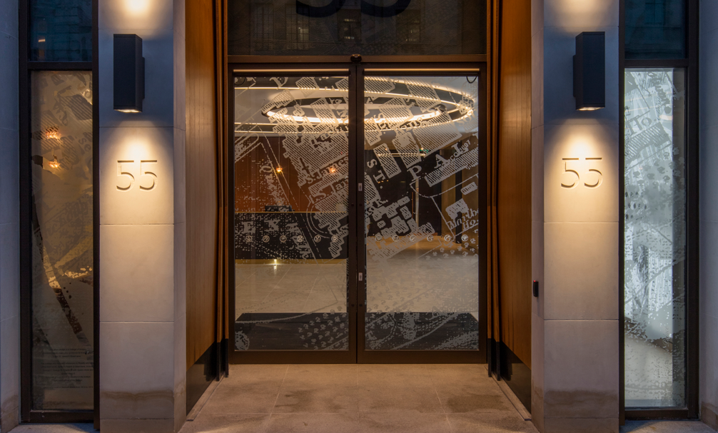 55 St James's Street London, screen printed enamel etch doorway designed by Martin Donlin