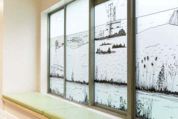 Mitford adult autism unit silkscreen decorative printed glass.