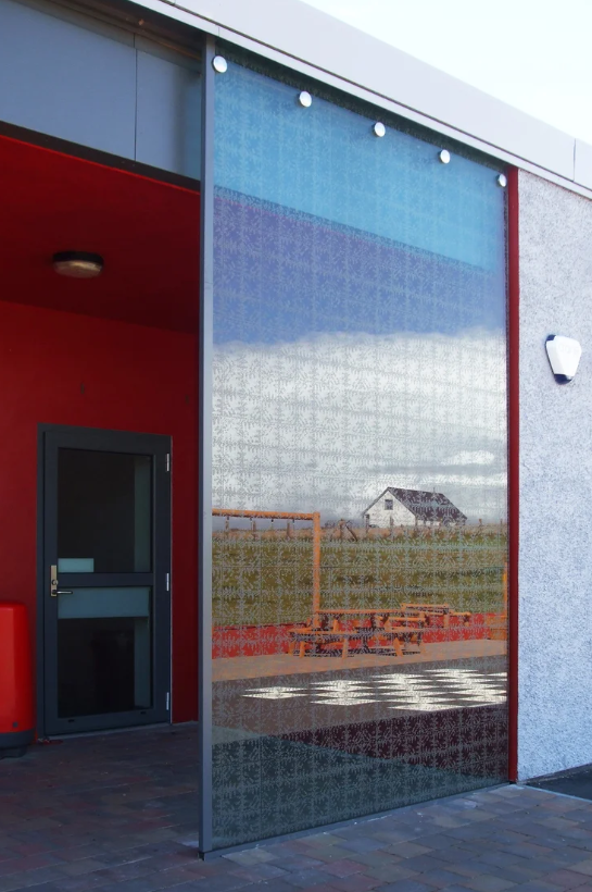 Sasha Ward Point Primary School, Isle of Lewis main entrance glass screen for protection from the wind.