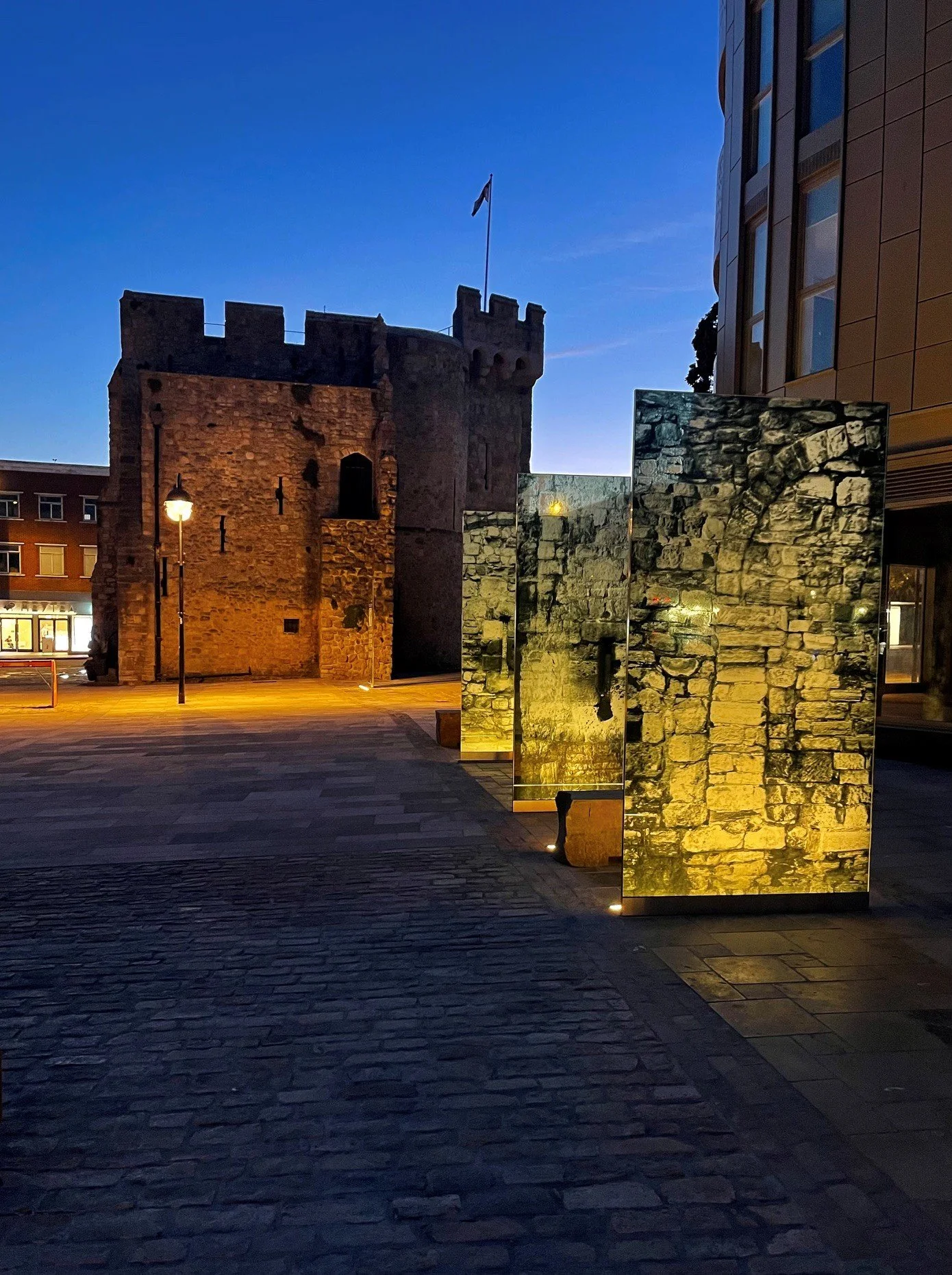 Bargate Southampton screen printed illuminated freestanding glass panels