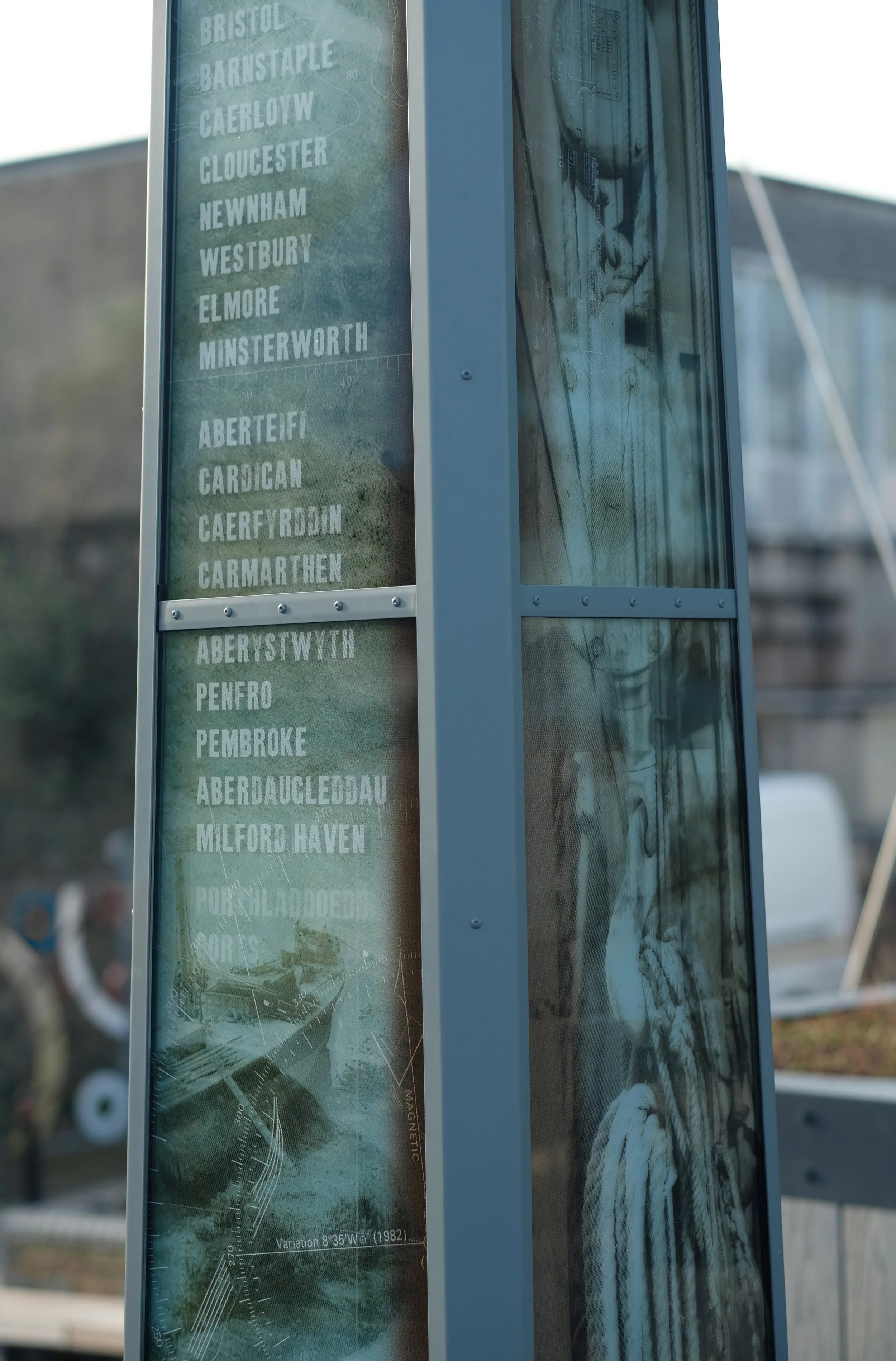 4m high screenprinted and illuminated tidemarker in Haverfordwest designed by Kirsty Brooks