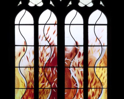 Hurstpierpoint College Chapel enamelled, slumped and laminated window by Mel Howse.