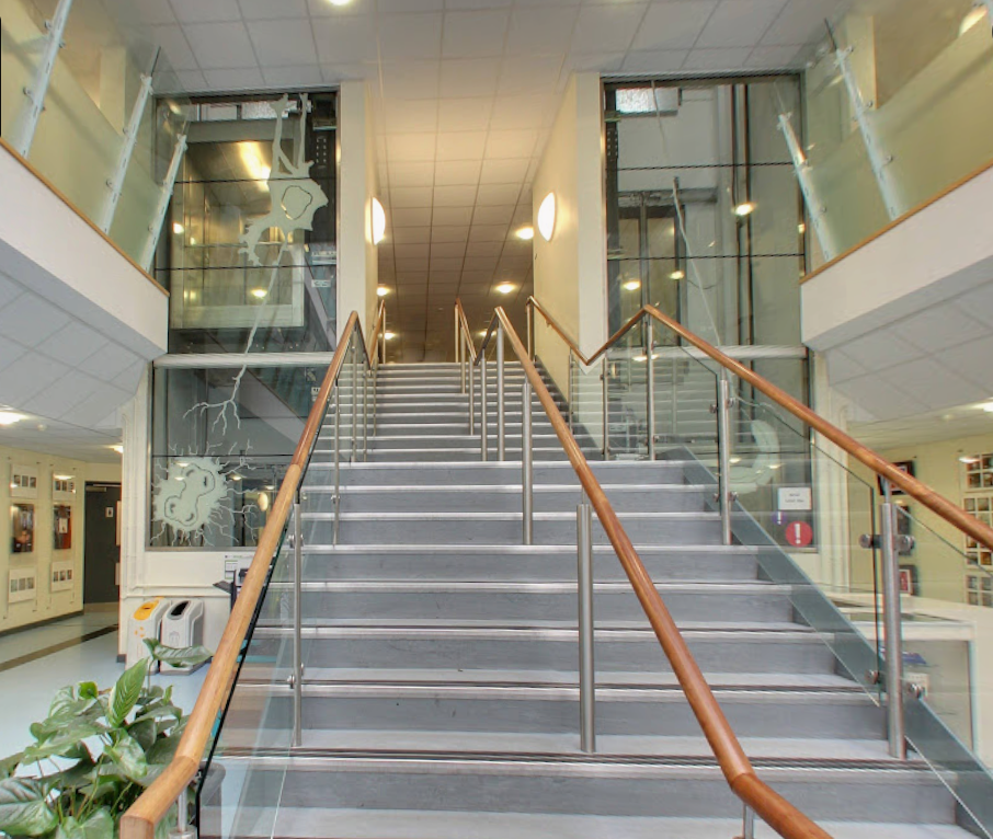 Hilssborough College lift shaft screen printed ceramic enamel design by Jo Fairfax.