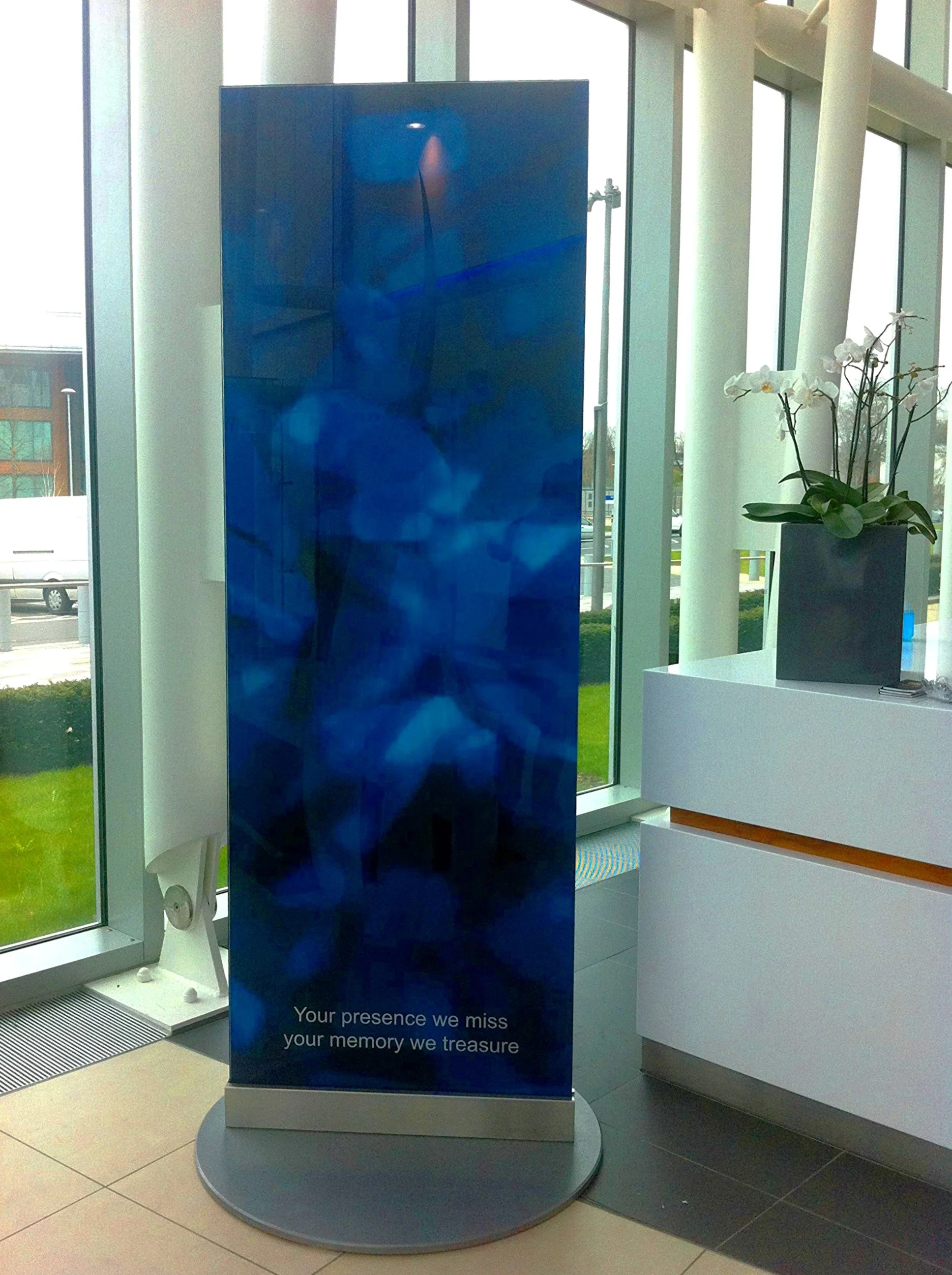 Freestanding screen printed ceramic sculpture for remembrance at Manchester Police Station.