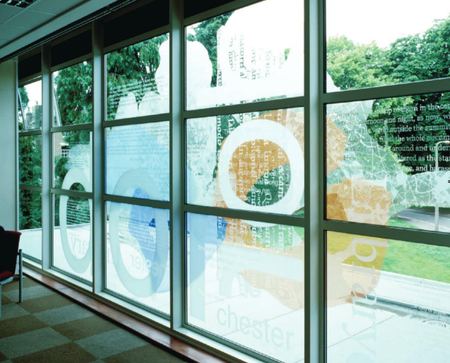 Dorchester Library, Acid-etched and enamelled glass main windows by Martin Donlin.