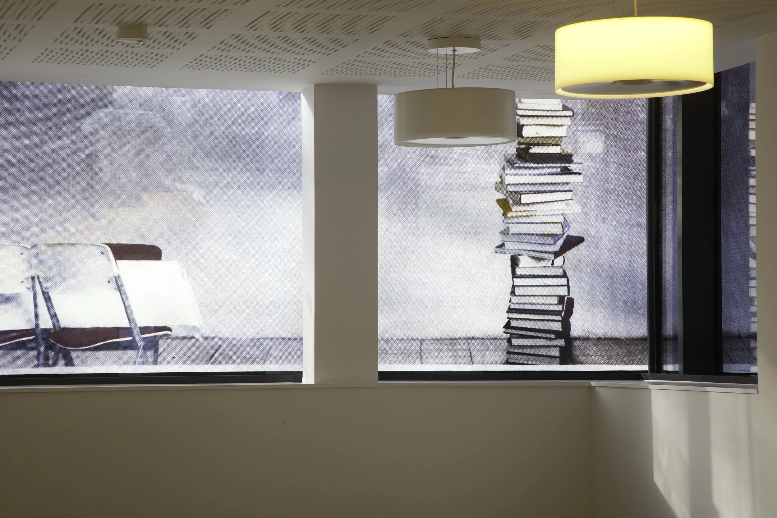 Sabine Hornig screen printed ceramic frit glass windows for Montpelier High School.