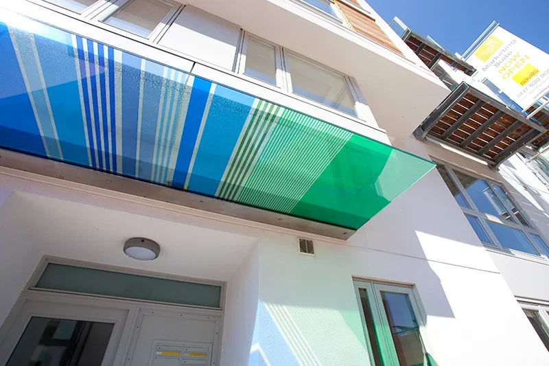 Horizon House, Bristol glass canopies printed with transparent enamels