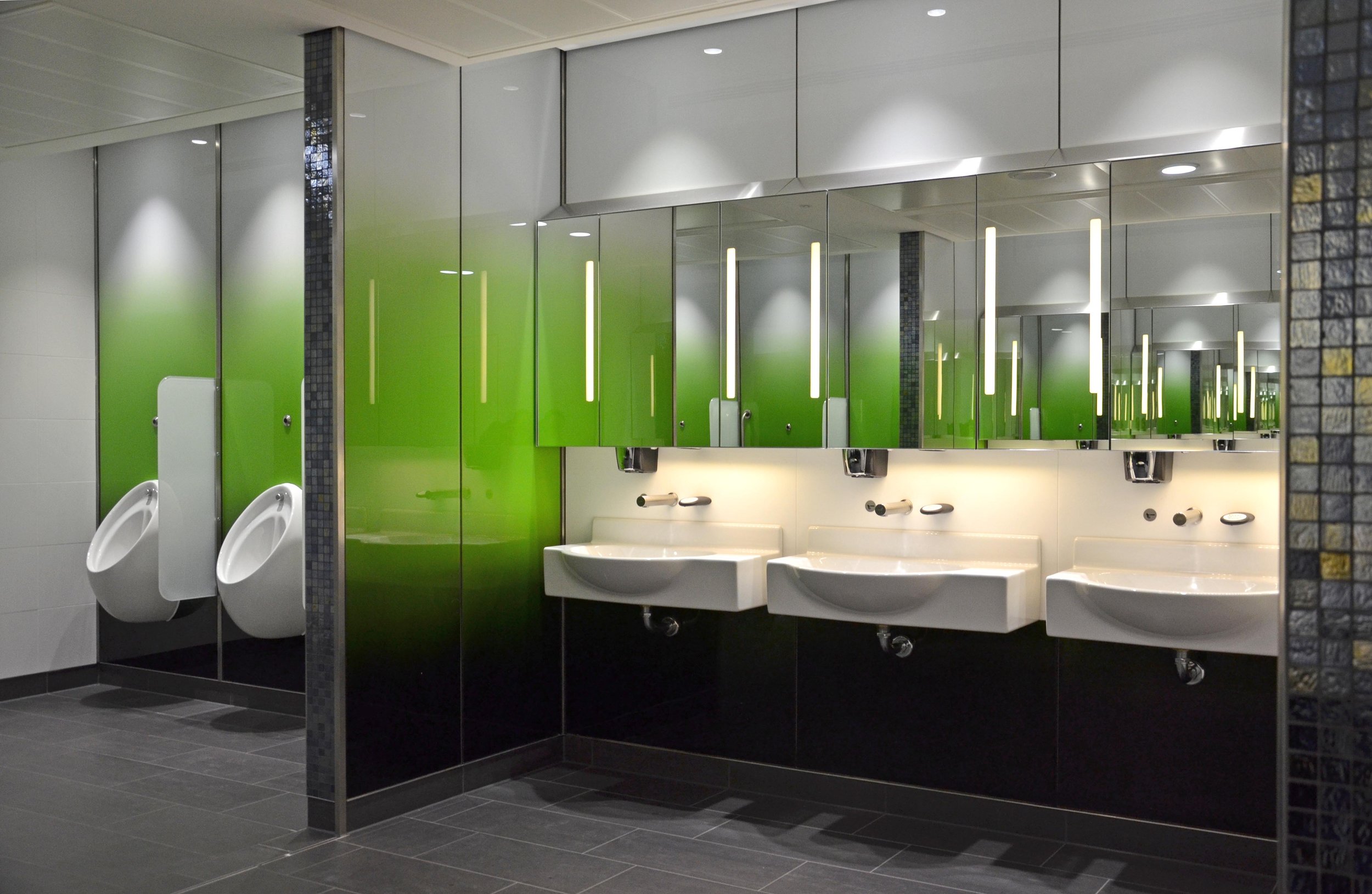 A bathroom with a ceramic frit screen printed fade design.