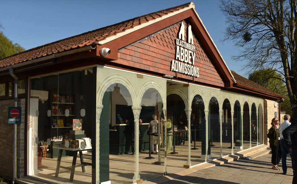 Glastonbury Abbey refurbishment. Screenprinted windows with a gradated tonal etch